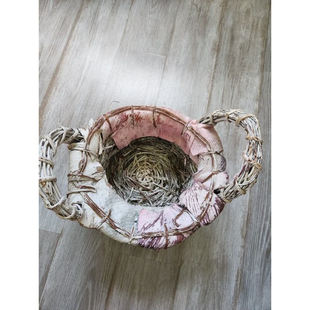 Rustic Coconut Husk Basket Woven Twig Handles Primitive Cottagecore Farmhouse